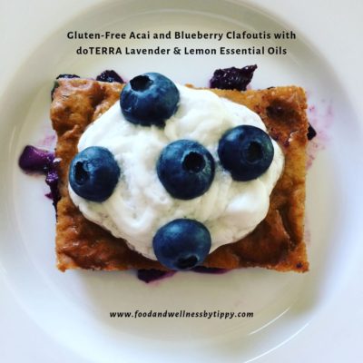 A Serving of GF Acai and Blueberry Clafoutis with Coconut Whipped Cream